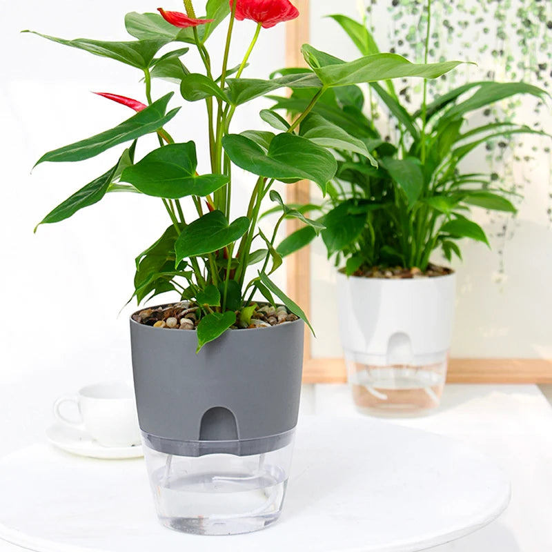 Double Layer Plastic Flower Pot Self Watering Cotton Rope Flowerpot With Transparent Water Container Flower Green Plants Planter